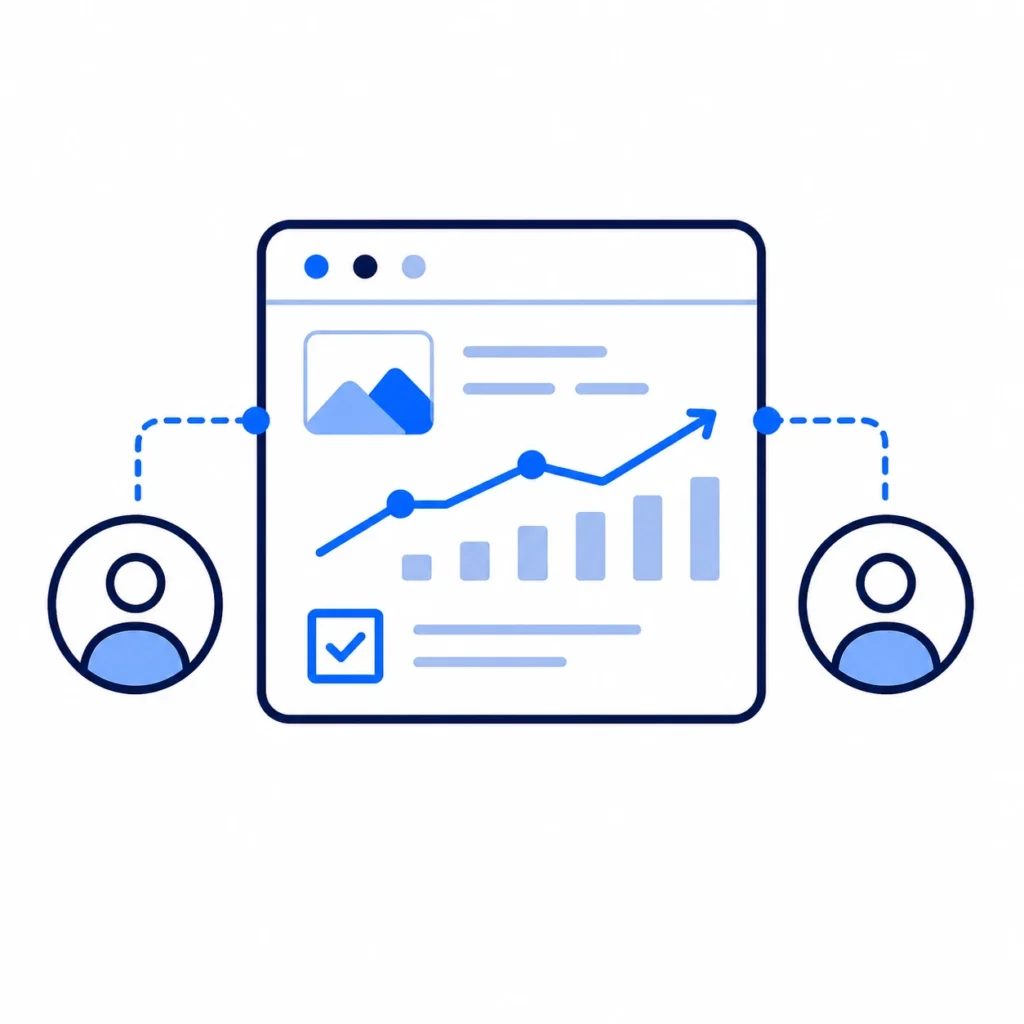 Illustration showing collaboration with clients on content marketing projects and performance tracking