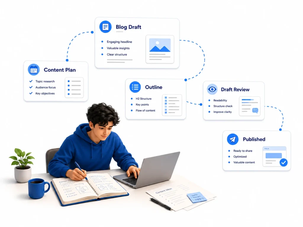 Illustration showing content marketing learning applied through website projects, SEO, content writing, and practical execution