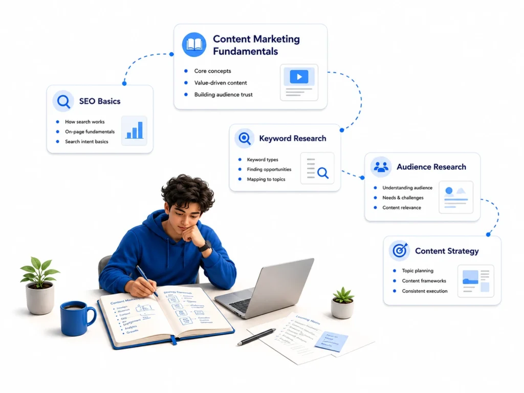 Illustration of an aspiring content marketer learning content marketing fundamentals, SEO, keyword research, audience research, and content strategy