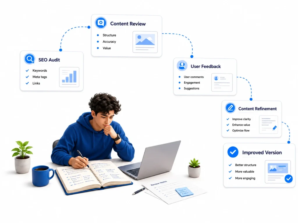 Illustration showing a content marketing portfolio built through SEO, content optimization, user feedback, and practical projects