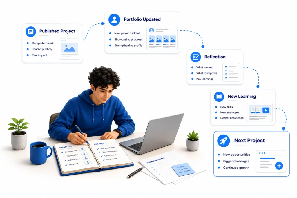 Illustration showing continuous improvement through portfolio updates, reflection, feedback, and ongoing content marketing learning