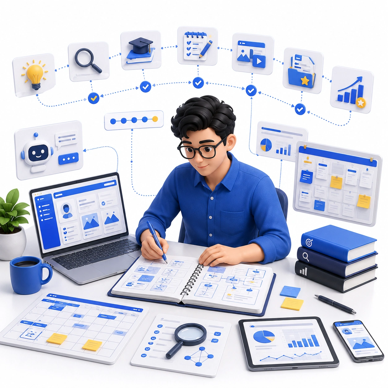 Illustration of an aspiring content marketer building practical content marketing skills