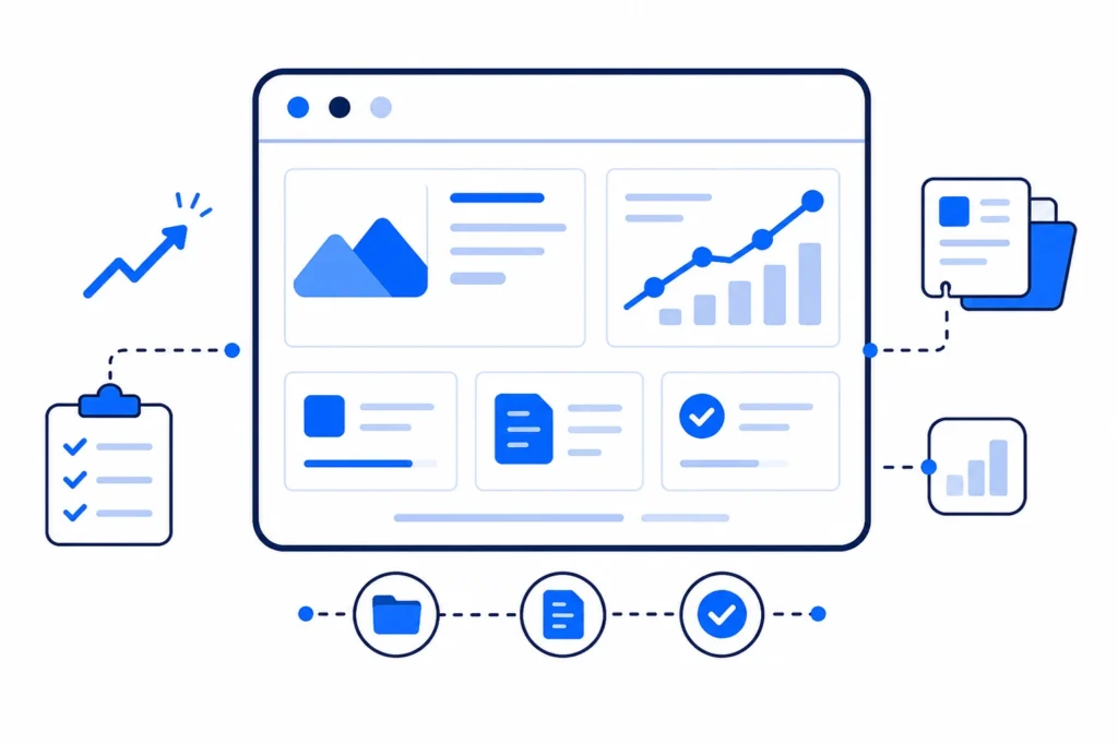 Illustration showing content marketing dashboard, project workflow, and collaboration for building meaningful digital projects