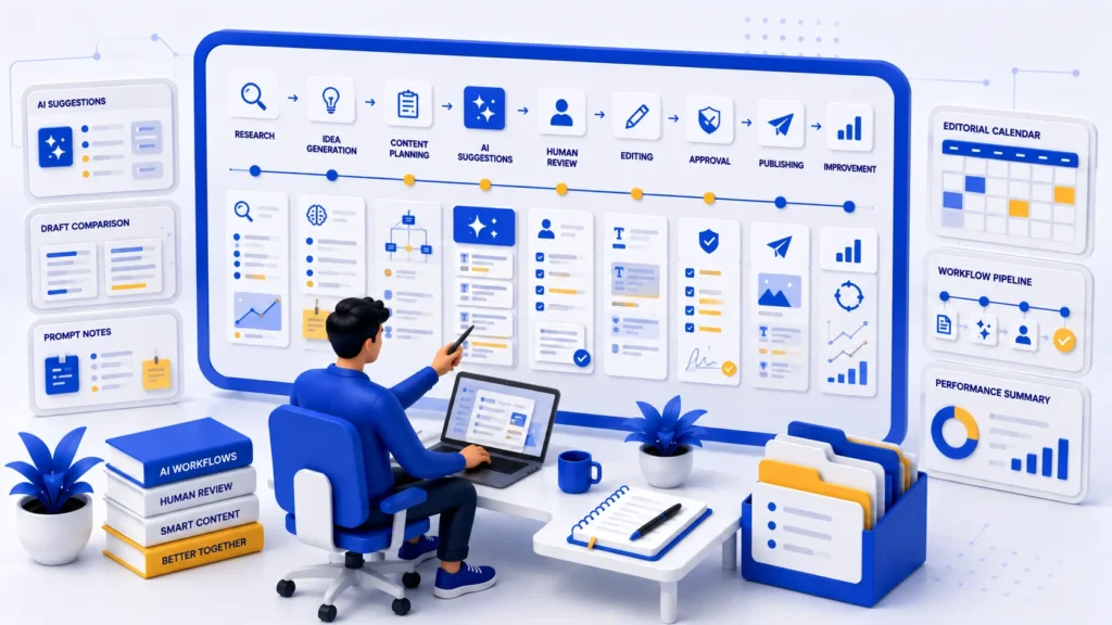 Illustration of AI-assisted content marketing workflow for research, planning, writing, editing, and optimization.