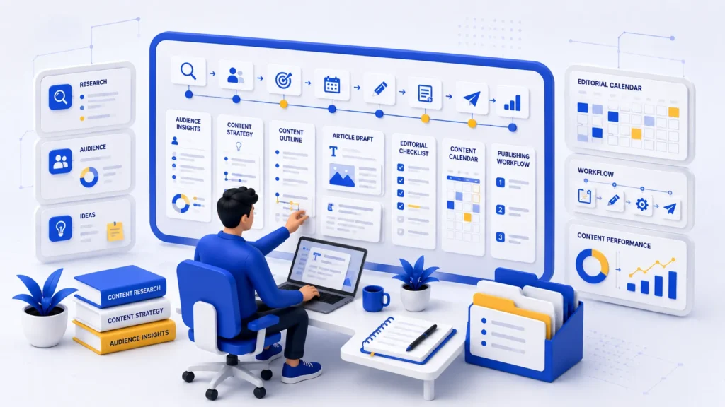 Illustration representing content marketing strategy, audience research, content planning, writing, and publishing.