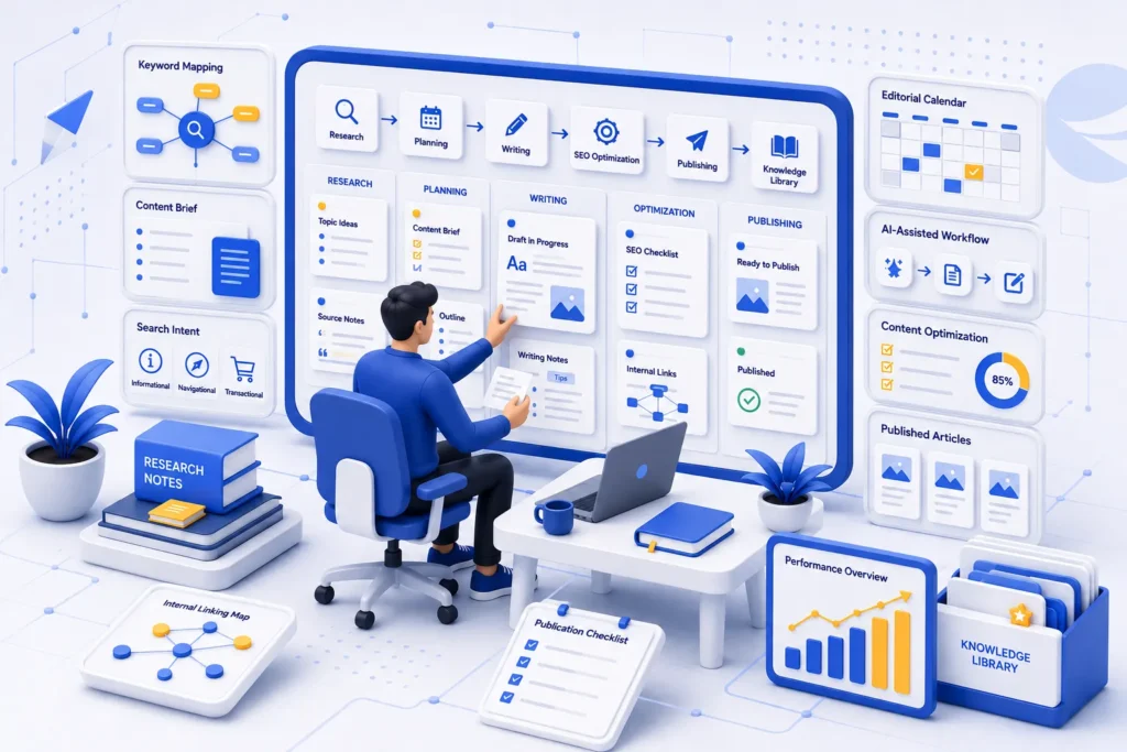 Illustration of a content marketer managing a content marketing dashboard, editorial calendar, SEO research, AI-assisted workflows, and article publishing.