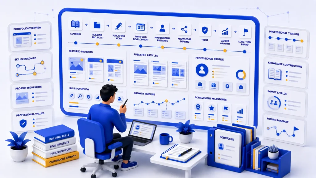 Illustration representing personal branding, professional portfolio development, online presence, and career growth.