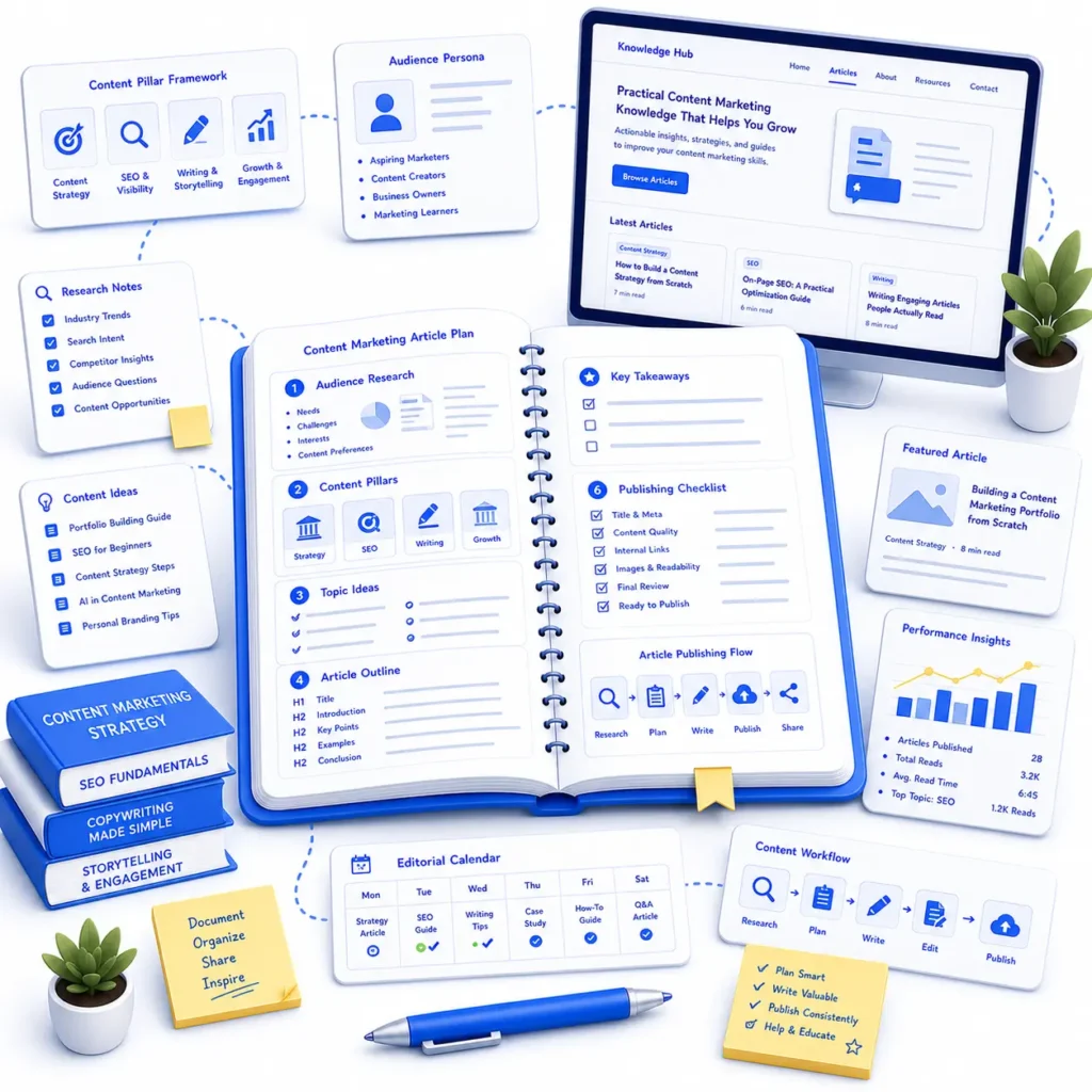 Illustration of featured content marketing articles with website dashboard, content planning, and publishing workflow
