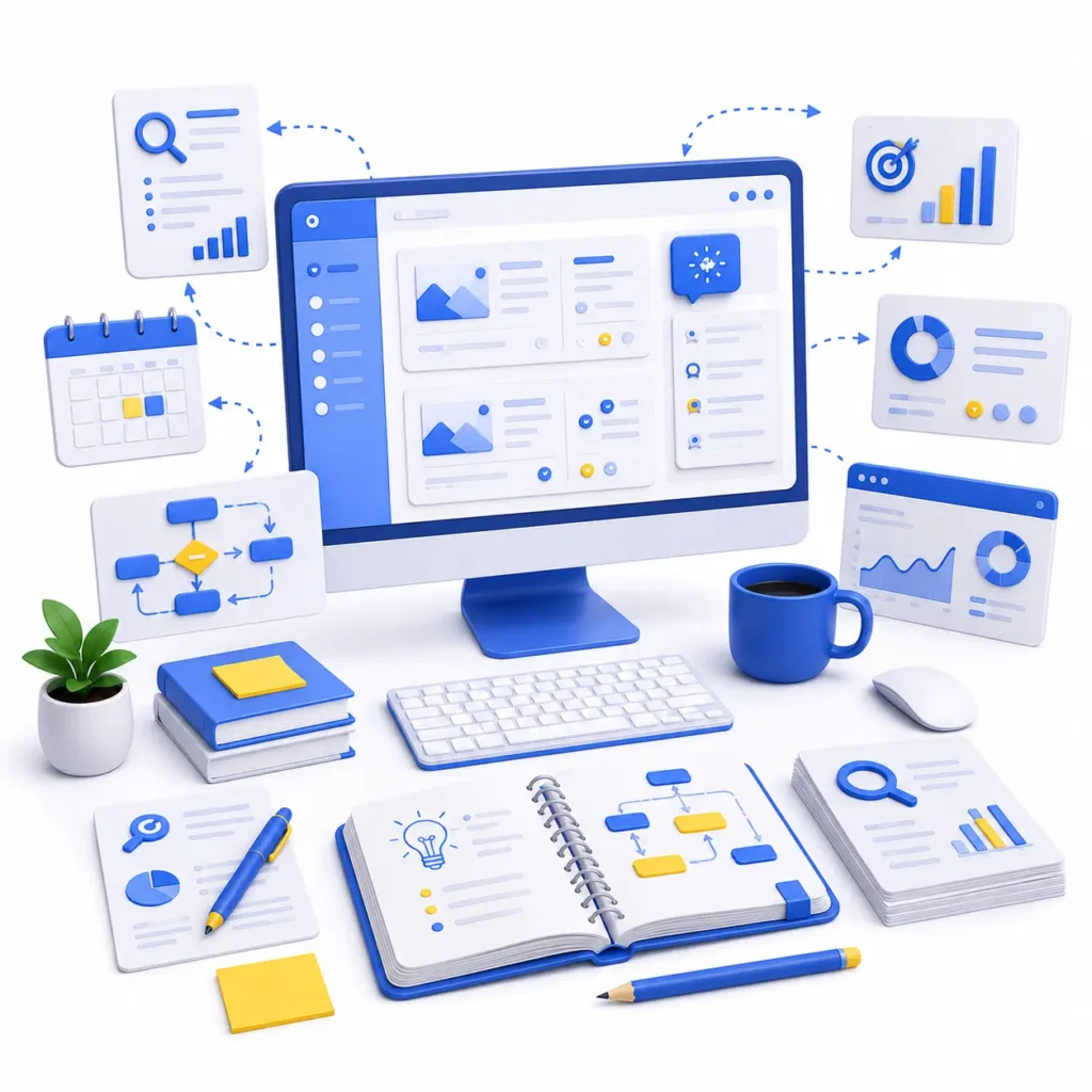 Illustration representing featured content marketing articles and publishing workflow