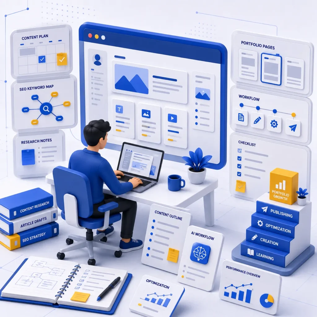 Illustration of a content marketing portfolio workflow showing content planning, SEO research, website structure, and project execution.