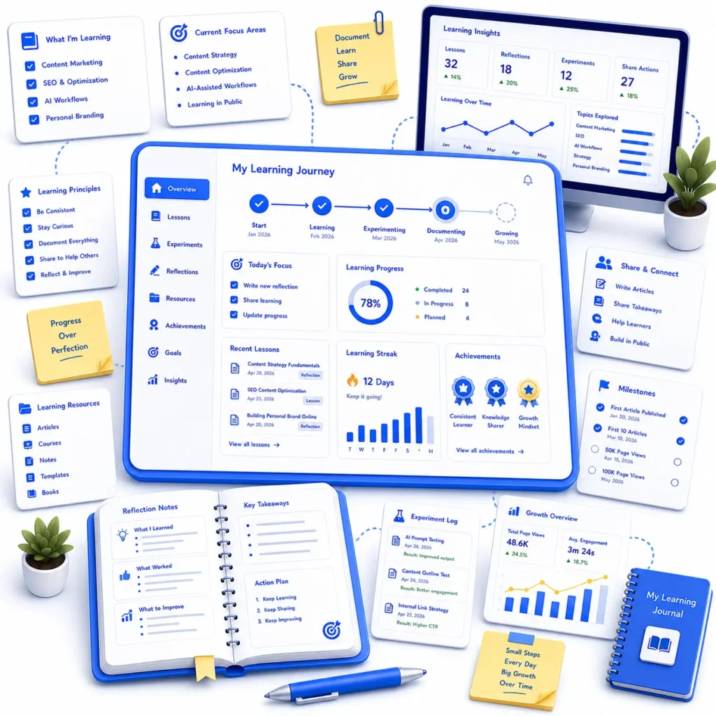 Illustration of learning in public through content marketing projects, documentation, and knowledge sharing