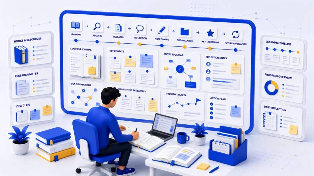 Illustration showing continuous learning, content marketing research, practical notes, and knowledge management.