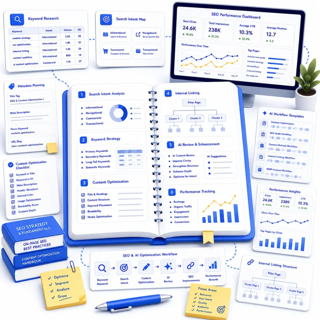 Illustration of SEO content optimization with keyword research, content analysis, and performance metrics