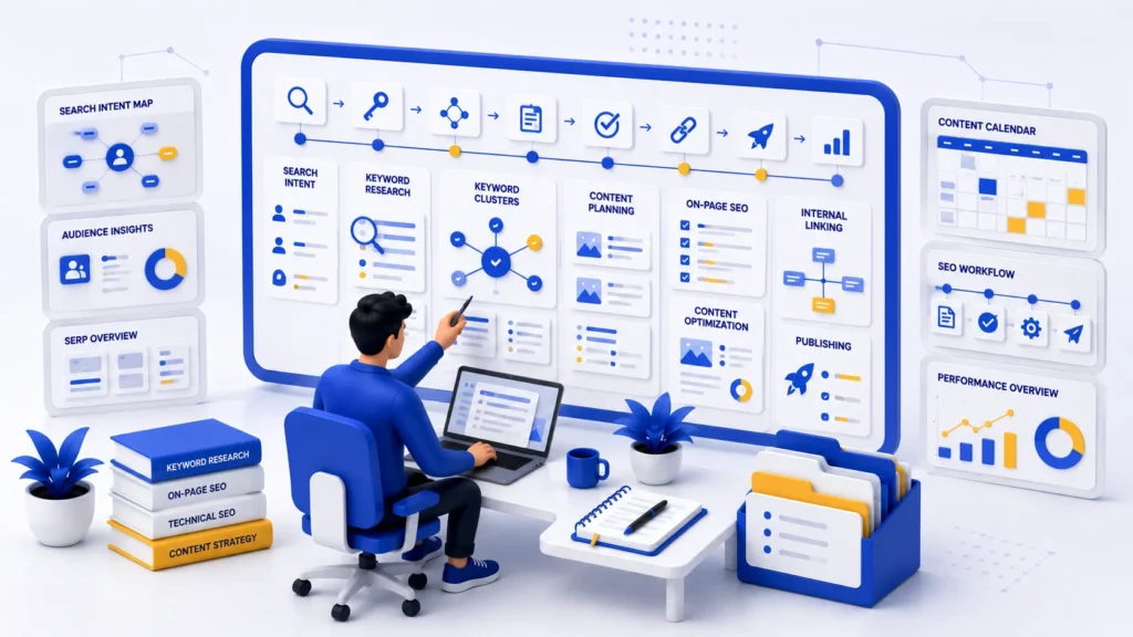 Illustration showing SEO research, keyword planning, on-page optimization, and search visibility improvement.