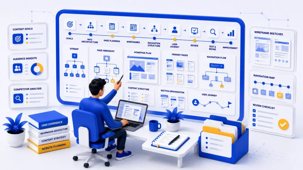 Illustration representing website strategy, information architecture, UX planning, and content organization.