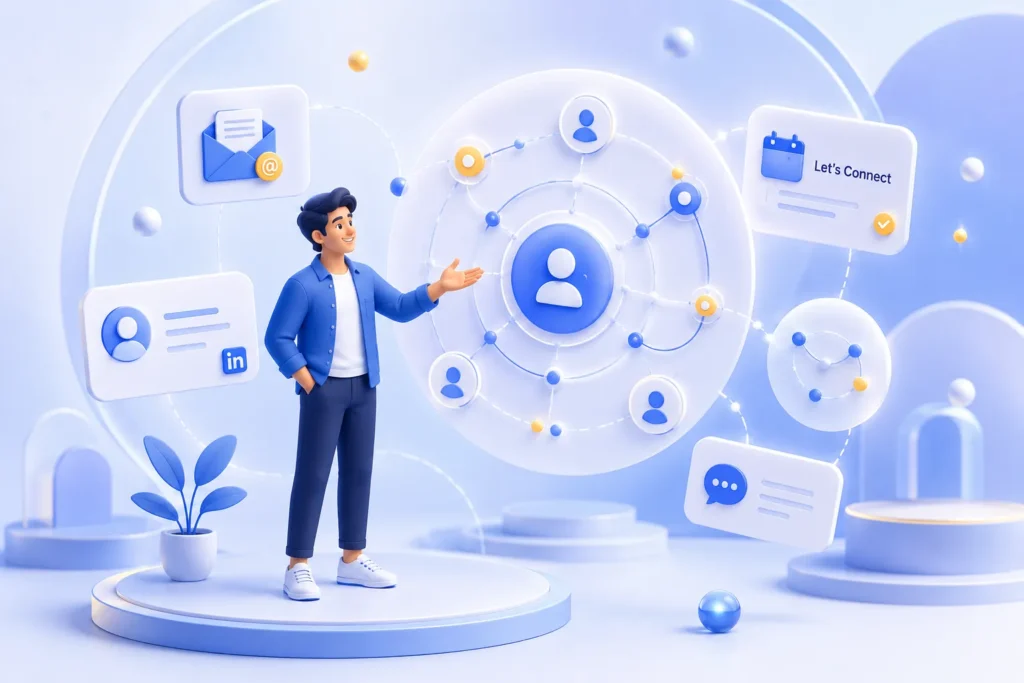 Illustration showing a content marketer connecting with professionals through collaboration, communication, and networking