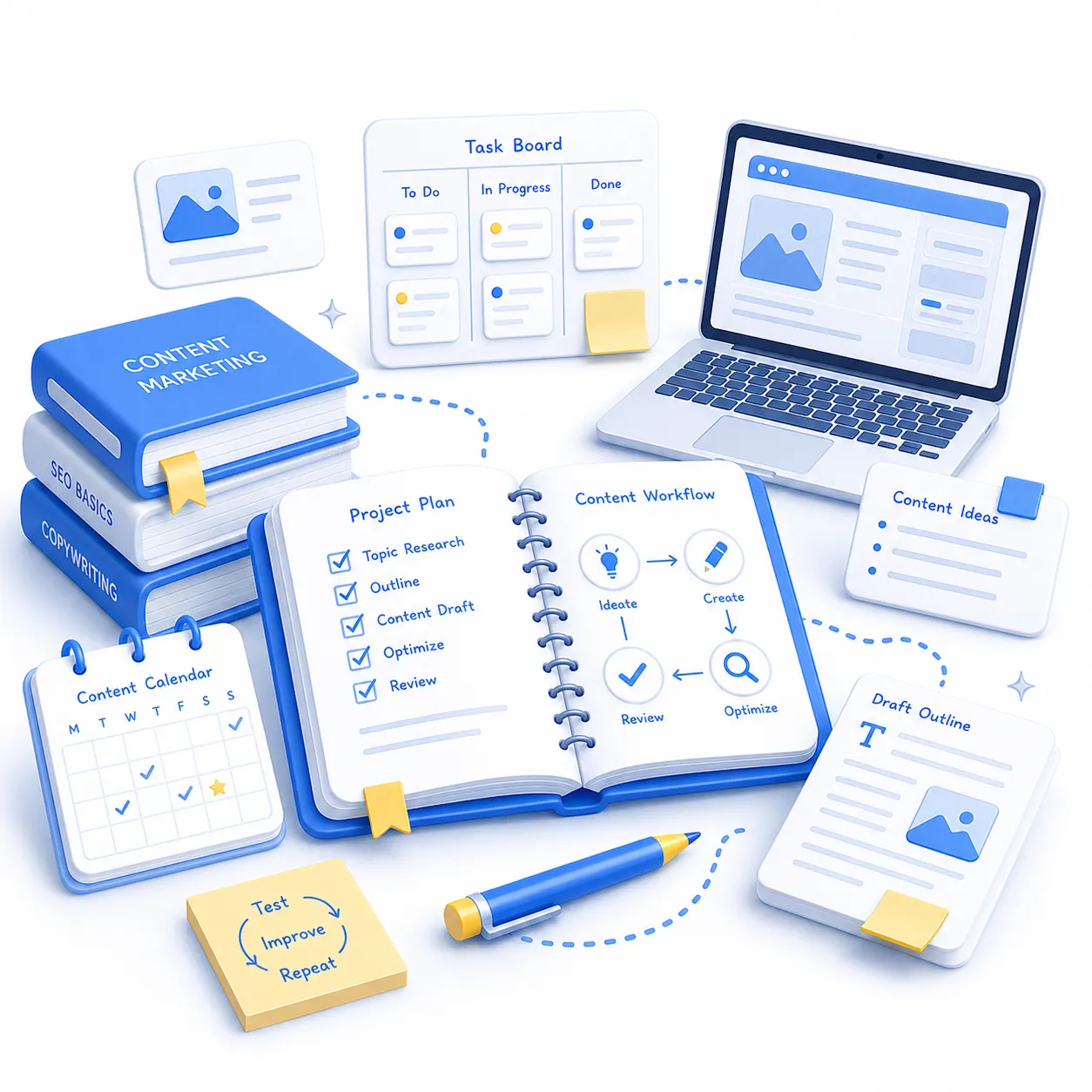 Illustration of a content marketing practice journey with hands-on projects, planning, and execution