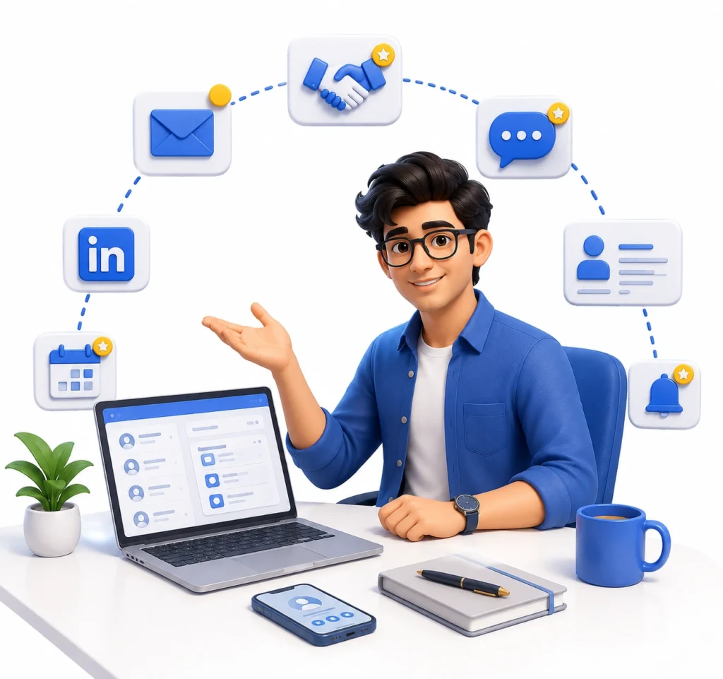 Illustration of an aspiring content marketer inviting collaboration through email, LinkedIn, and professional communication