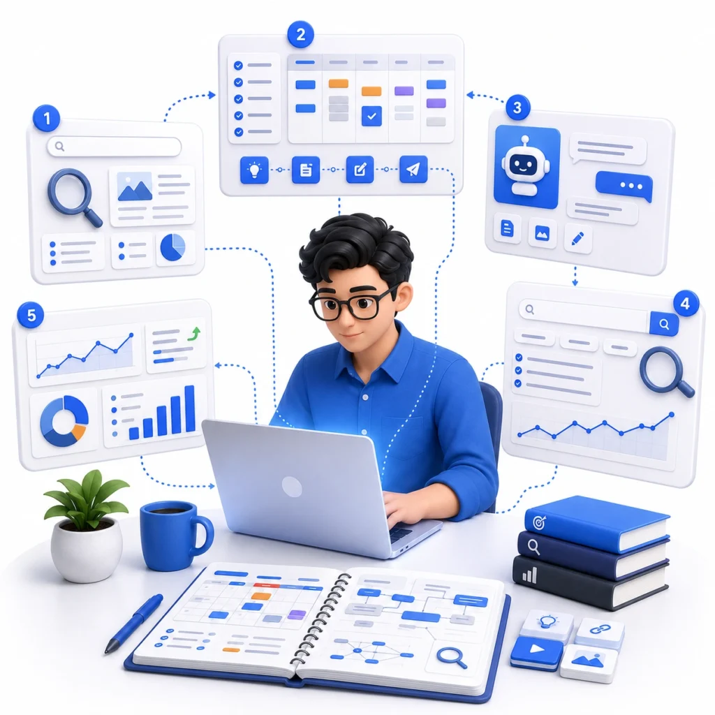 Aspiring content marketer working on content strategy and SEO using a laptop