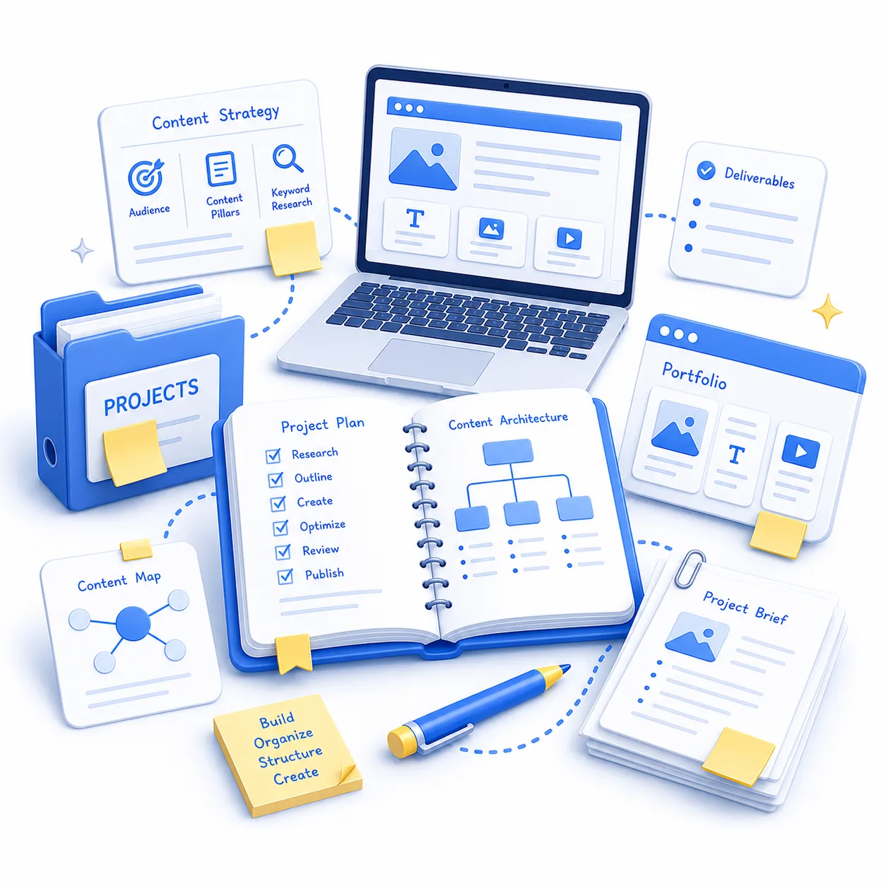 Illustration of building content marketing skills through projects, documentation, and practical execution