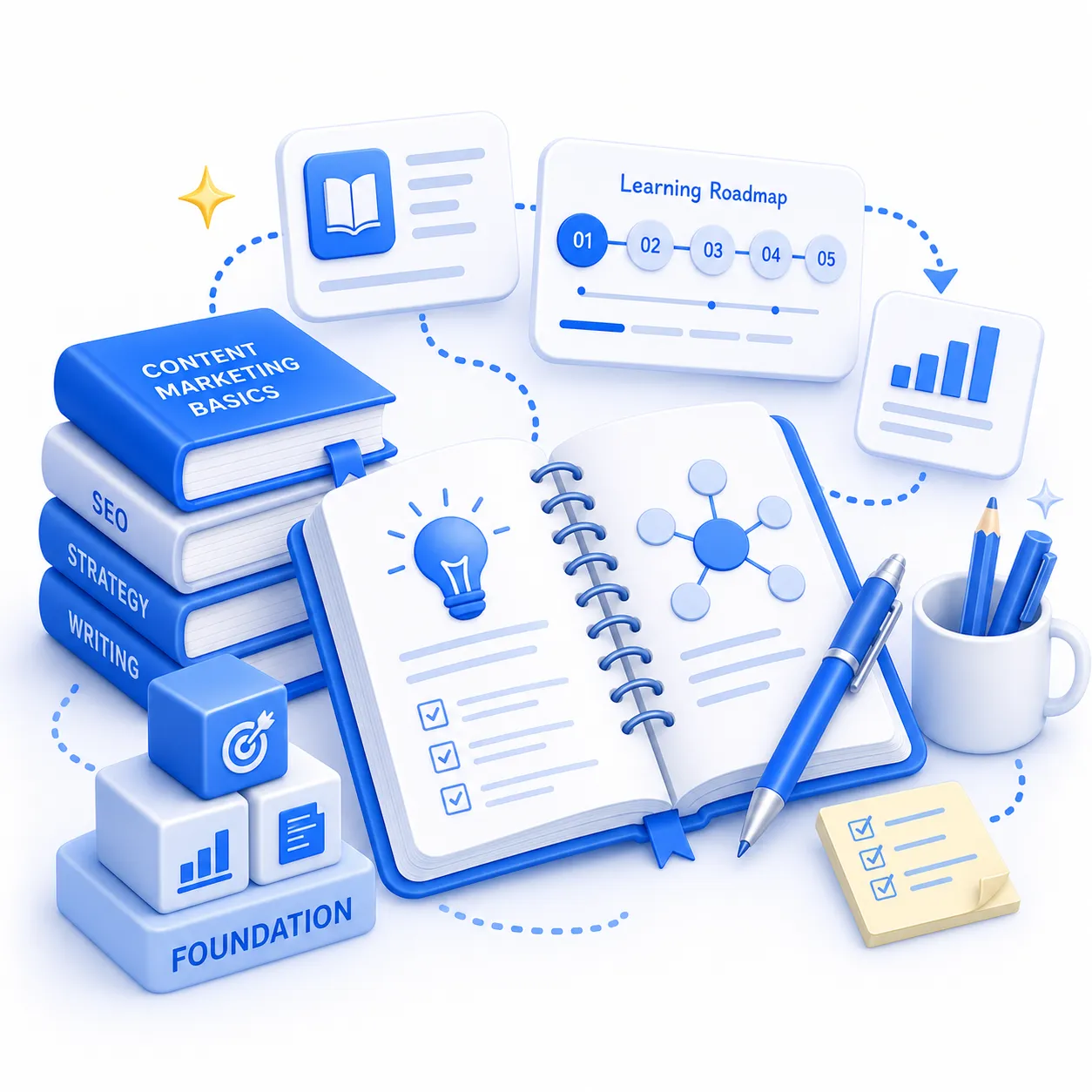 Illustration of content marketing foundations with learning resources, strategy, and professional growth