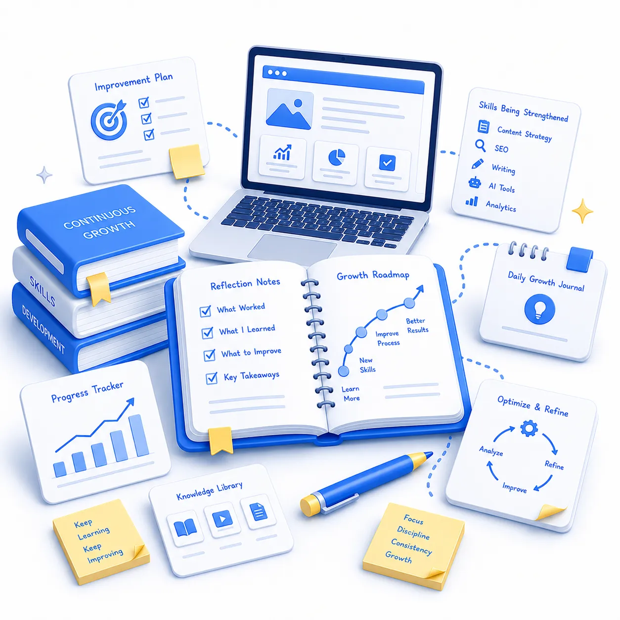 Illustration of content marketing growth through continuous learning, practical projects, and skill development