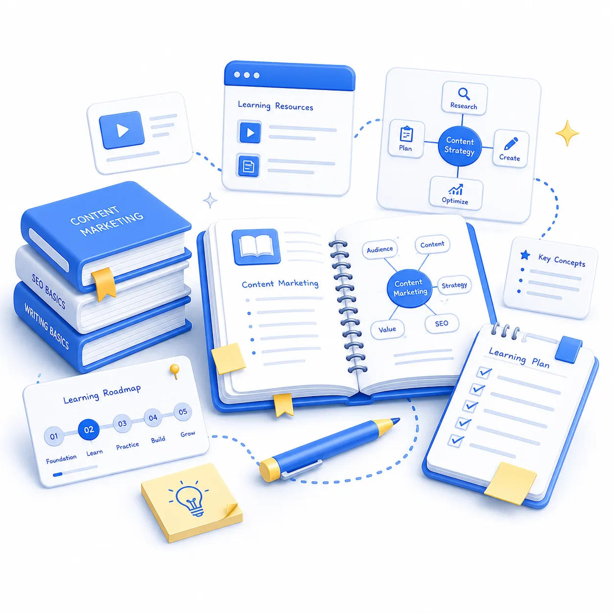 Illustration of content marketing learning with study materials, structured practice, and knowledge development