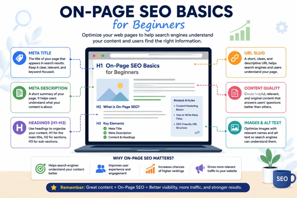Infographic explaining the basics of On-Page SEO, including meta title, meta description, headings, URL slug, content quality, image optimization, and why these elements improve search engine visibility.