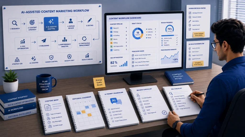 Illustration showing an AI-assisted content marketing workflow for research, planning, content creation, and optimization