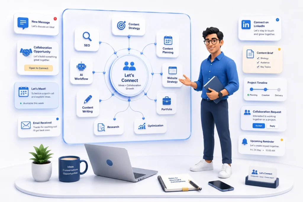 Illustration showing collaboration opportunities, content marketing projects, and professional portfolio communication