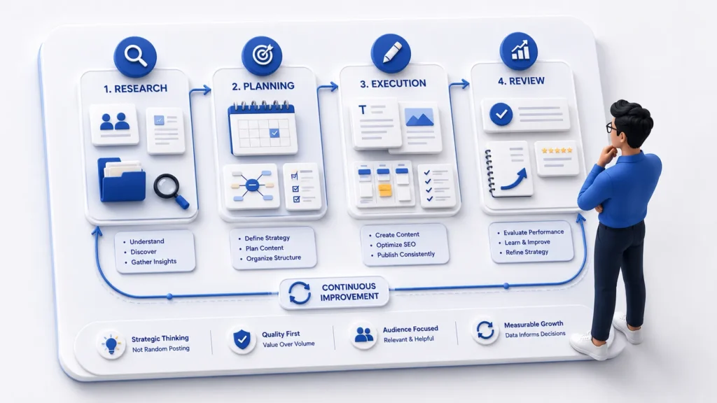 Illustration showing the content marketing process from research and planning to execution and project review