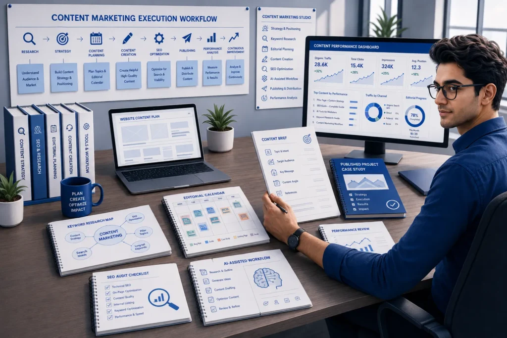 Illustration of a content marketing portfolio showcasing project planning, SEO, analytics, and practical workflow execution