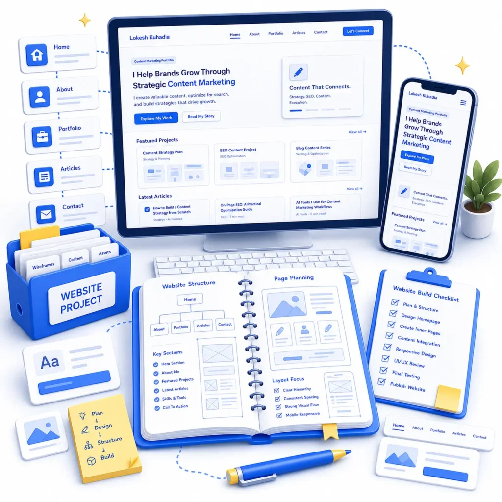 Illustration of a content marketing portfolio website with SEO and project strategy