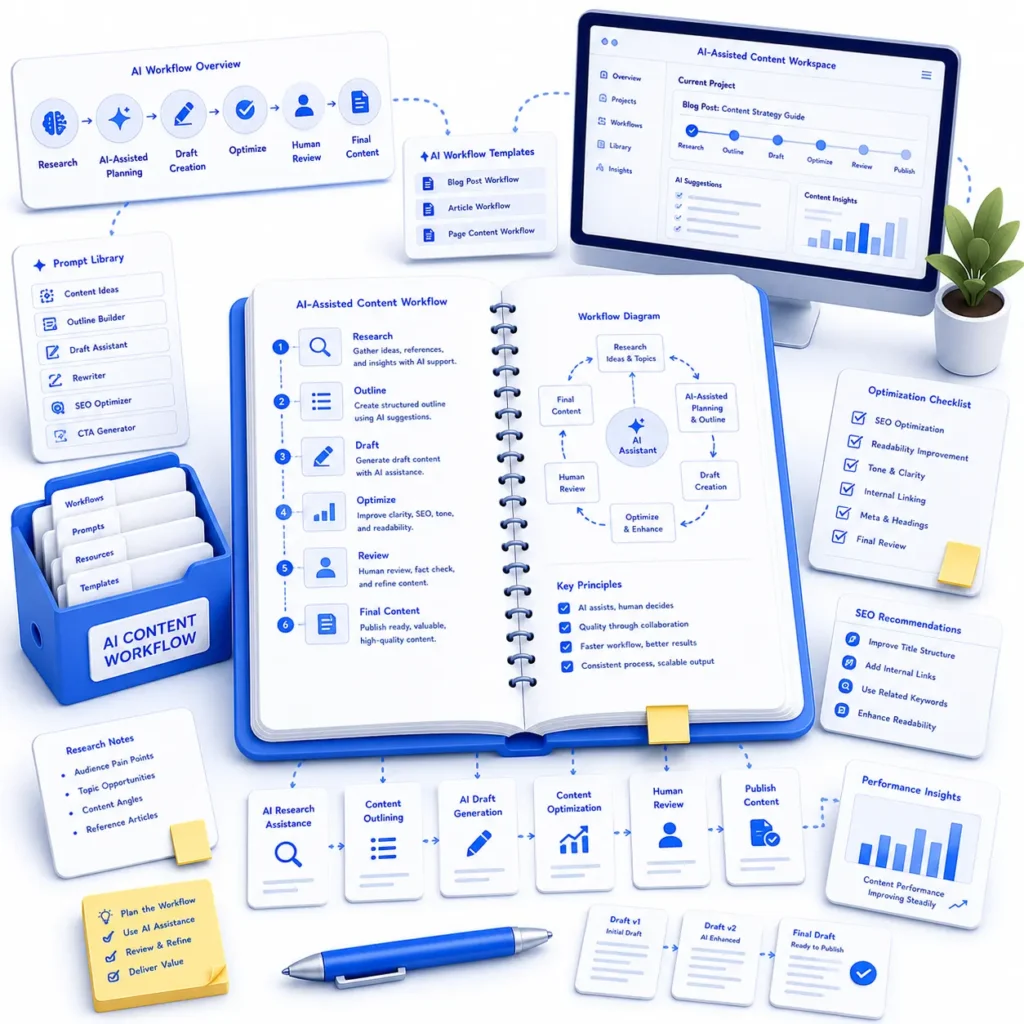 Illustration representing AI-assisted content marketing workflow
