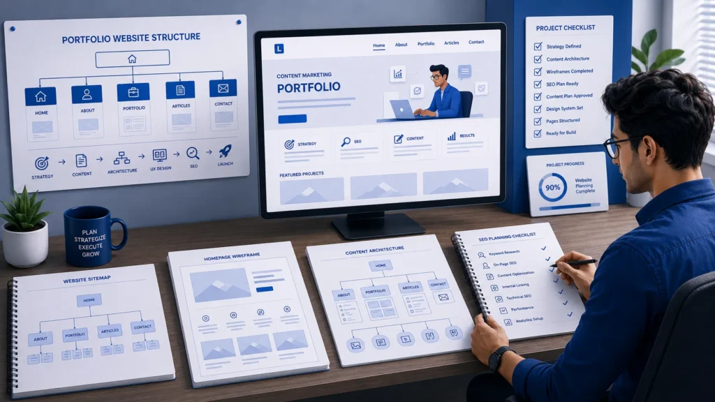 Illustration showing a personal content marketing portfolio website with project structure, planning, and website development
