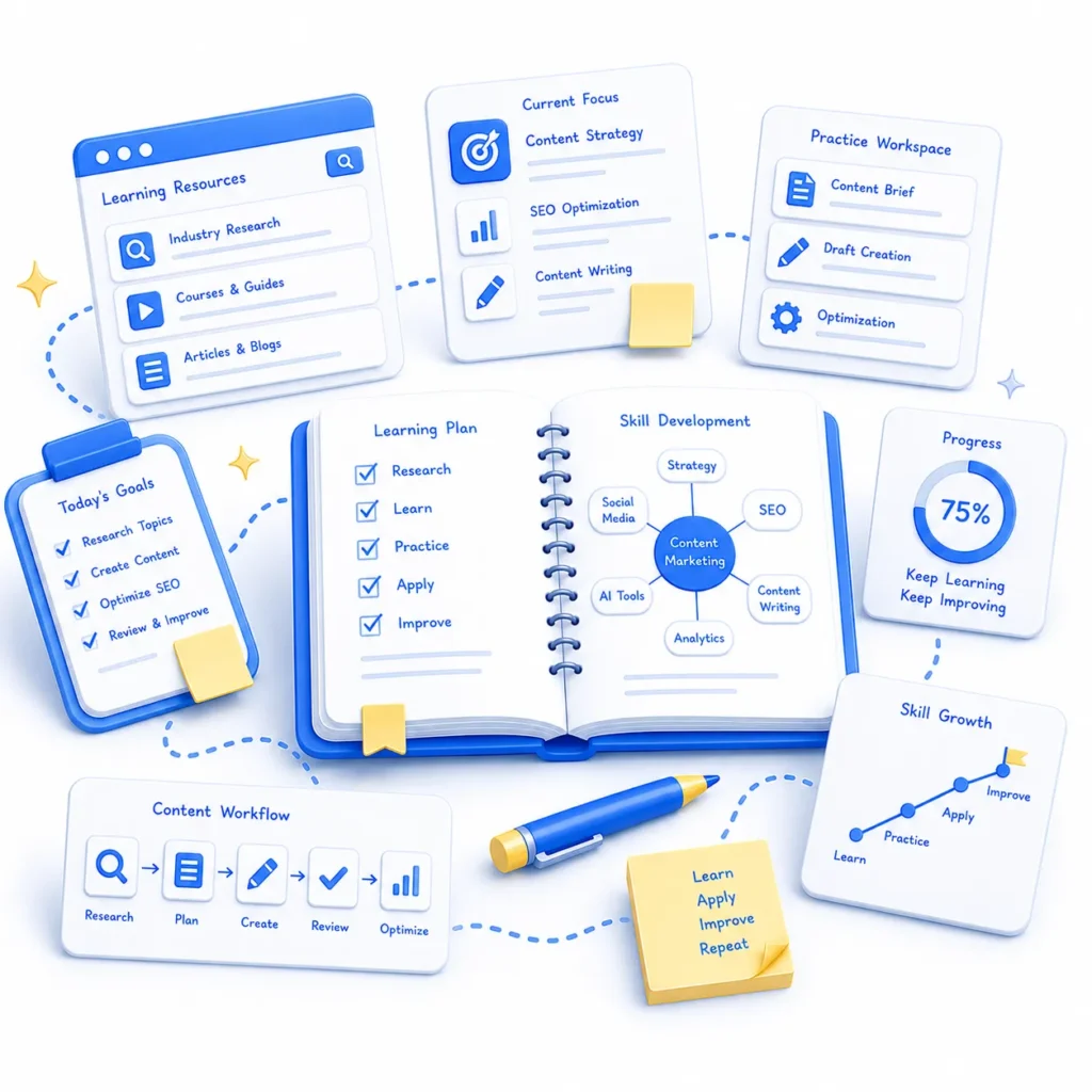 Illustration of content marketing execution with planning, workflows, documentation, and performance tracking