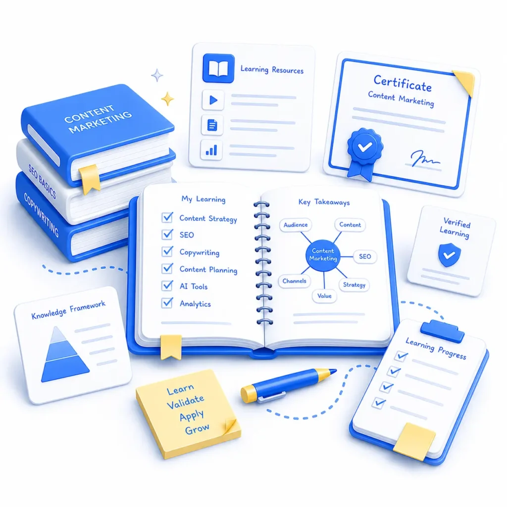 Illustration of content marketing foundations with learning resources, strategy, and skill development