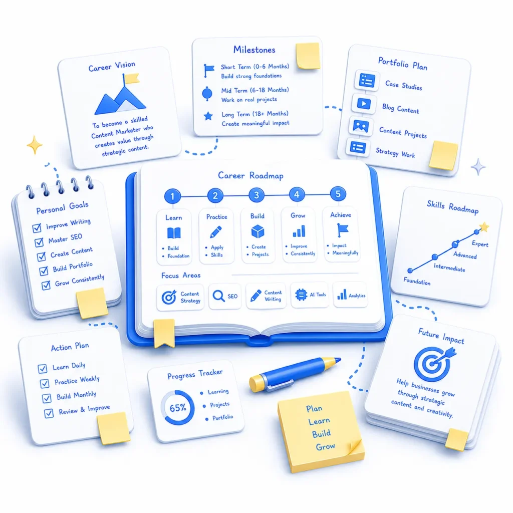 Illustration of a content marketing roadmap with learning milestones, planning, and career development