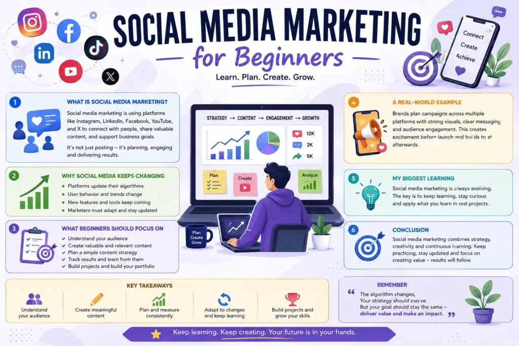 Infographic explaining the basics of social media marketing, including audience research, content strategy, platform selection, engagement, analytics, and continuous learning.